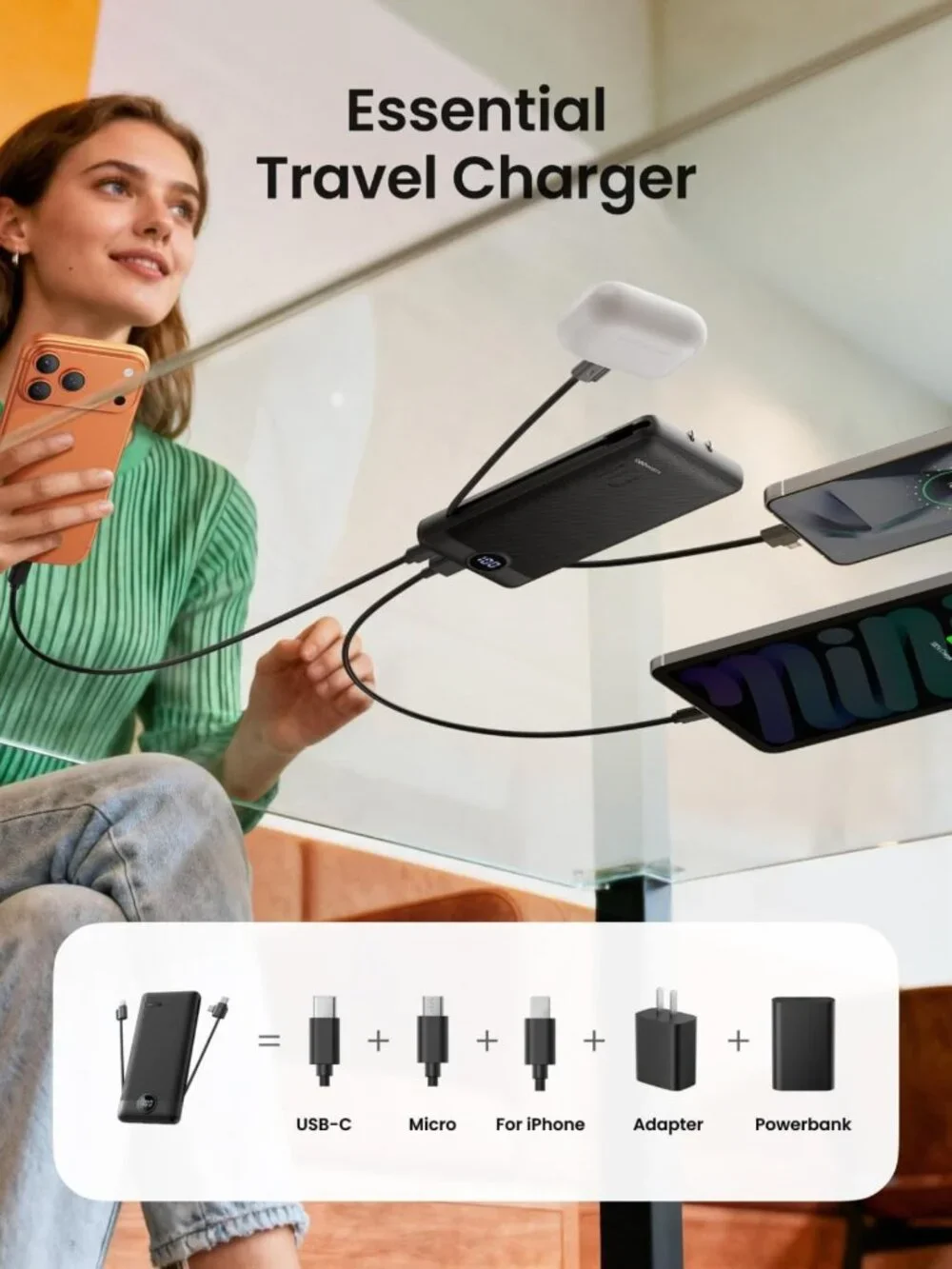 Slim Portable Charger Power Bank 10000mAh with Built-in Cables & LED Display